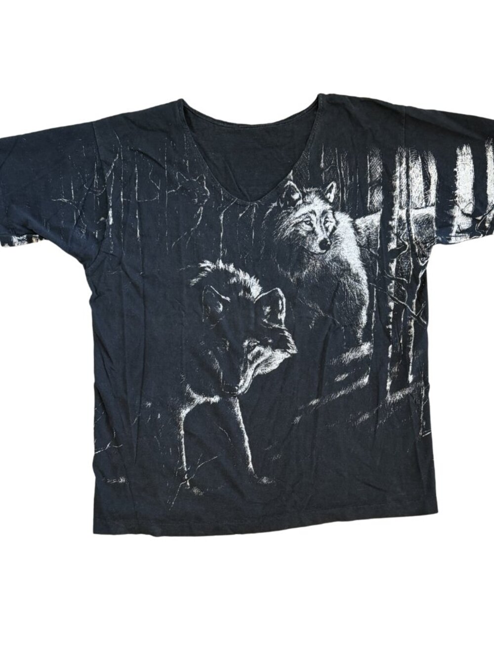 Vintage 90s Wolf Tee Grey Black White Size L/XL